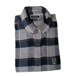 Club Room Mens Flannel Shirt XL Grey Navy Blue Plaid Button Down Long Sleeve NEW